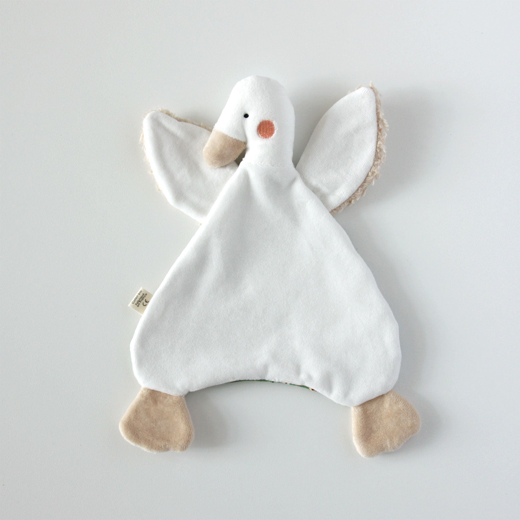 Doudou plat Canard vert artisanal en tissu bio fabriqué en France, dos