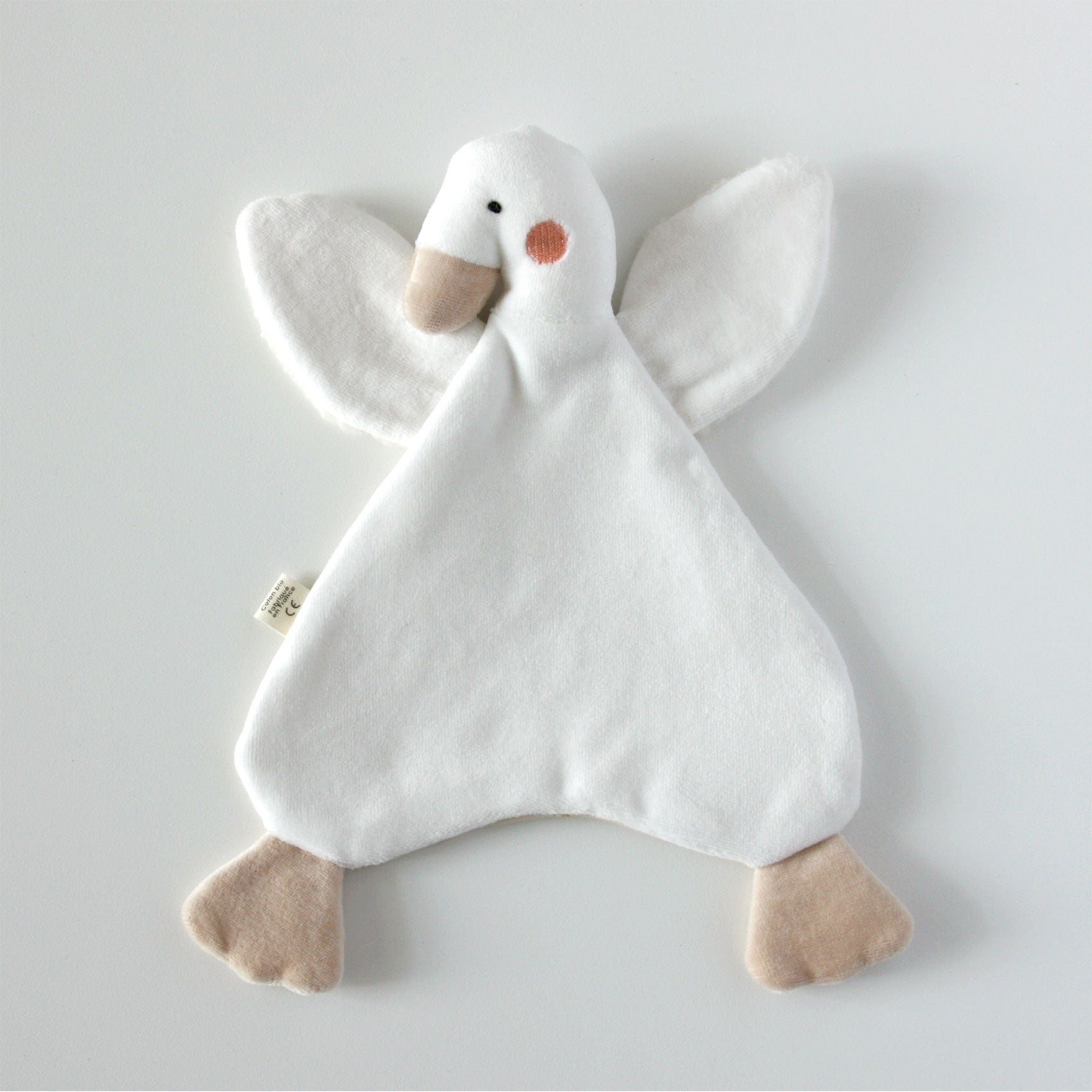 Doudou plat Canard beige artisanal en tissu bio fabrication francaise, dos