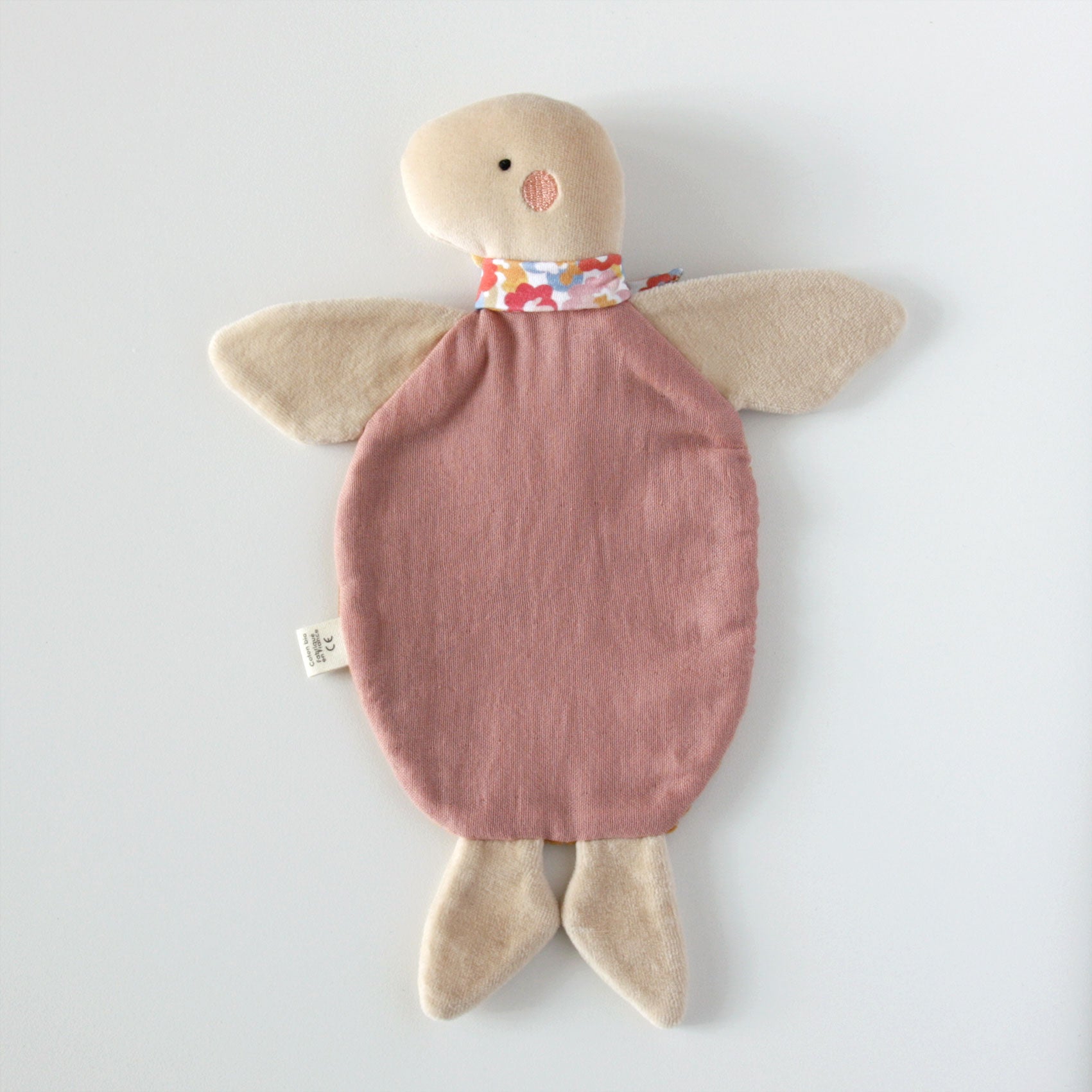 Doudou plat Tortue artisanal en tissu bio fabrication francaise, dos