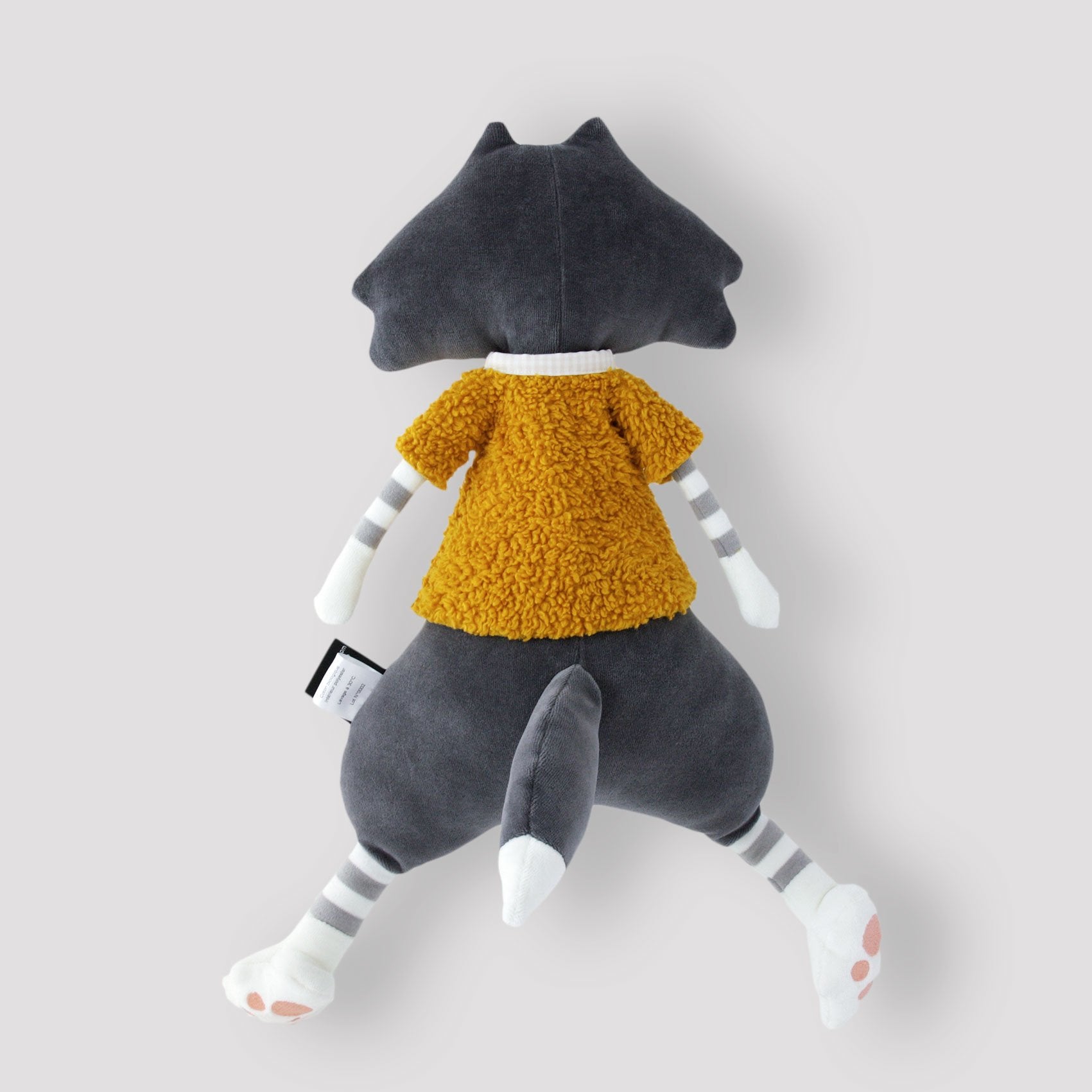 Grande peluche Gordon le loup et sa veste jaune en coton bio, dos