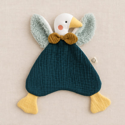 Doudou oison en coton bio coloris bleu pétrole – Trotte Noisette