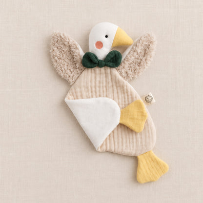 Doudou oison naturel avec patte repliée, fabriqué en France