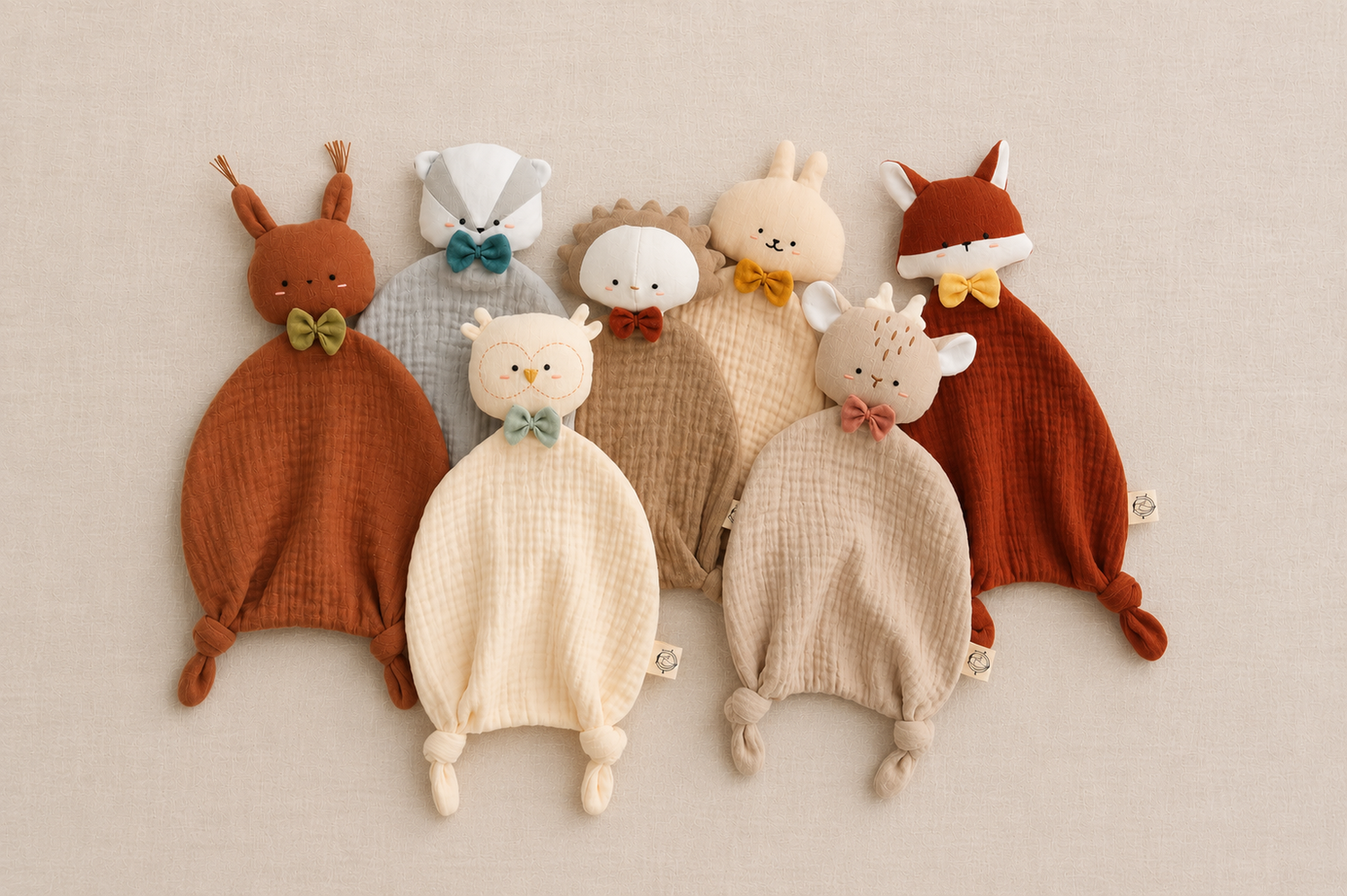 Collection de doudous langes en double gaze de coton biologique fabriqués en France, inspirés des animaux de la forêt